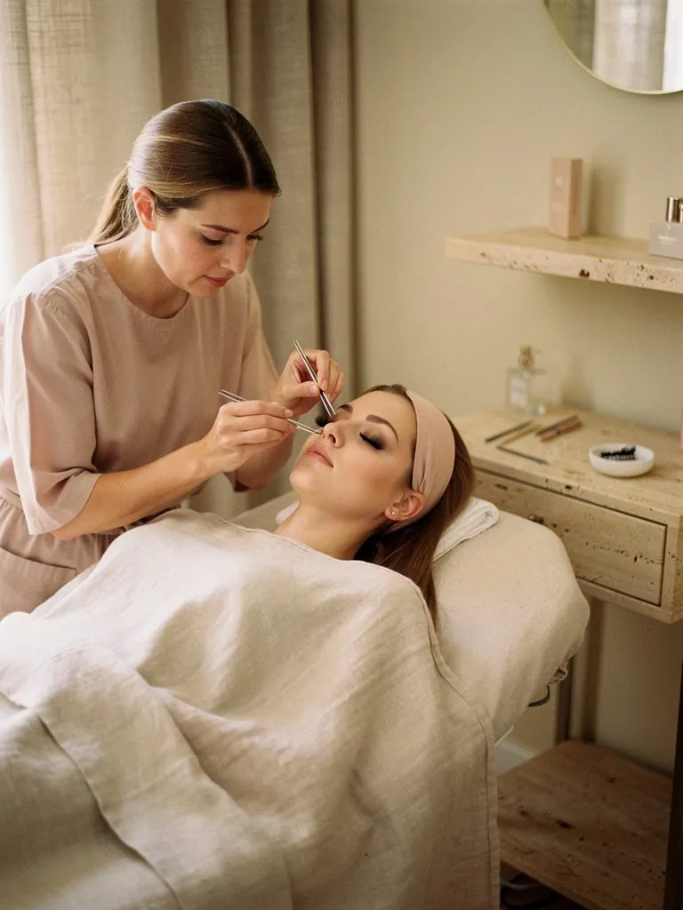 A lash artist applying extensions to a client in a calm, light studio