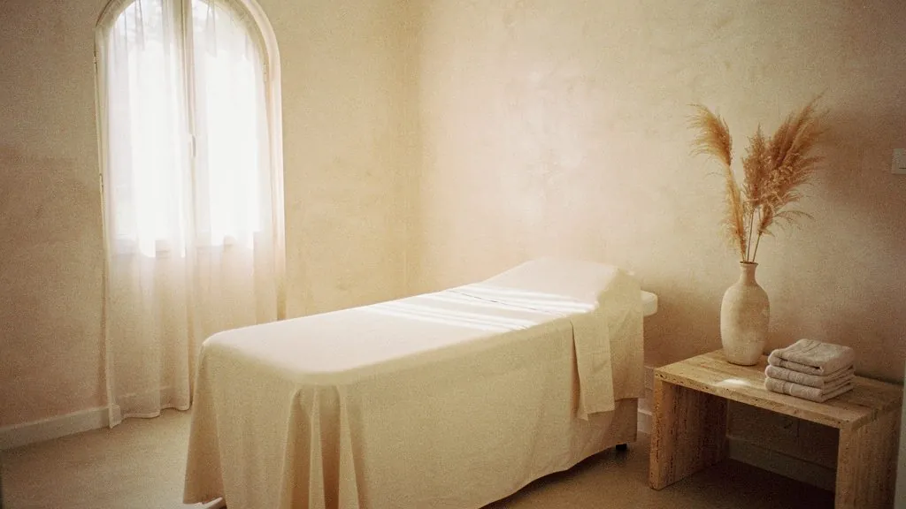 An empty treatment room with a linen-covered bed and soft morning light