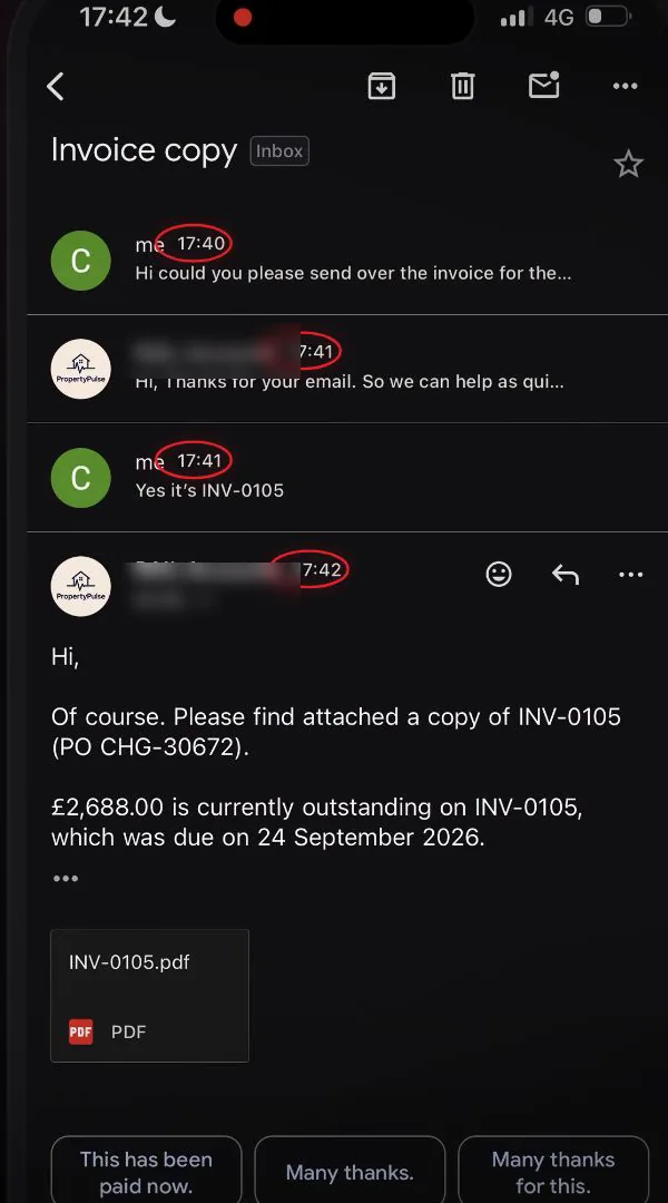 Invoice query thread: a client asks for an invoice and gets a copy of INV-0105 attached within two minutes